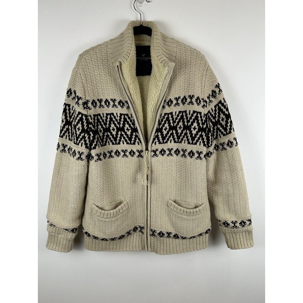 American Eagle Heavy Lined Size L Large Sherpa Lined Full Zip Sweater Fair Isle
